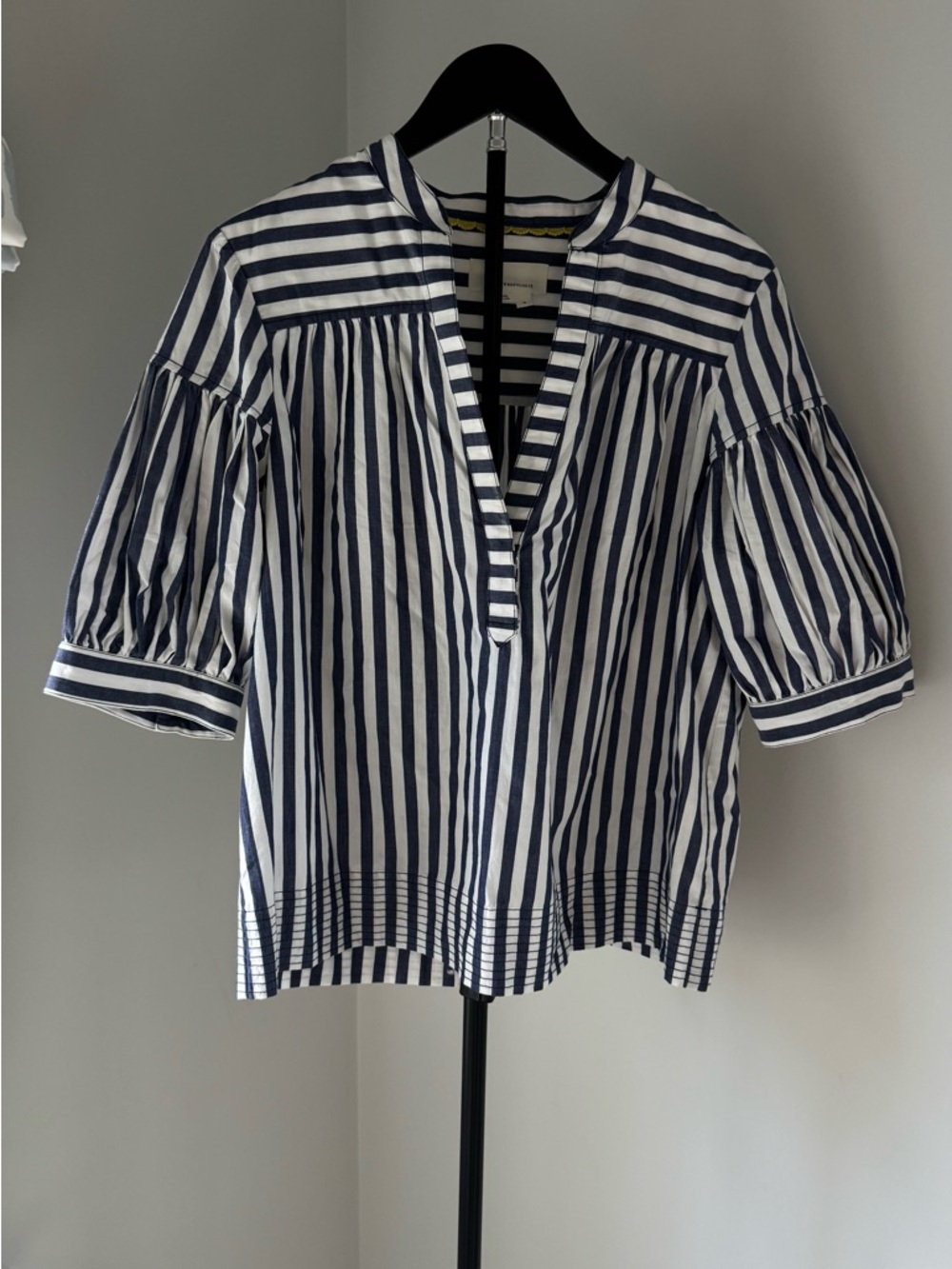 Anthropologie Navy and White Striped V-Neck Puff Sleeve Blouse